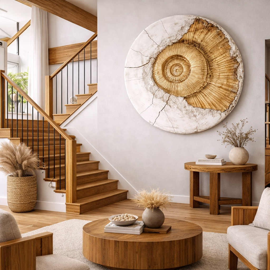 Living room with wooden staircase, round coffee table, and decorative wall art.
