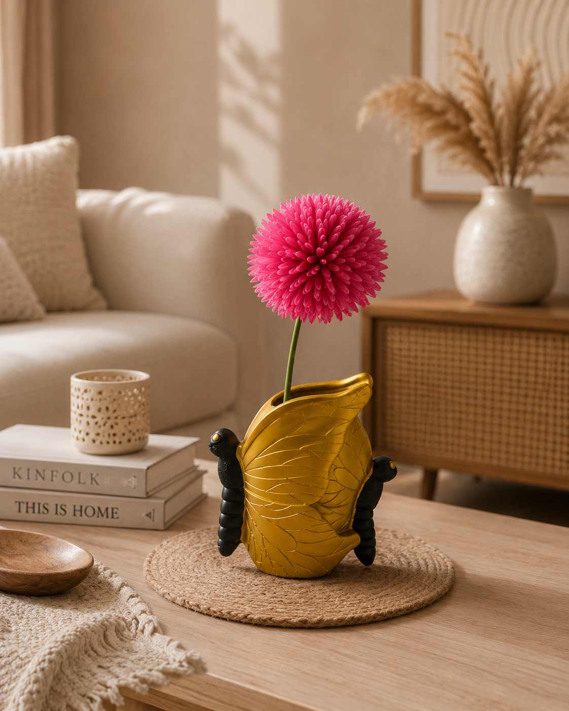 Yellow butterfly-shaped table top vase by The Gharnish, an abstract figurine decorative piece for home display