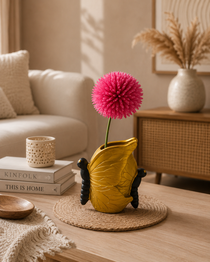 Yellow butterfly-shaped table top vase by The Gharnish, an abstract figurine decorative piece for home display