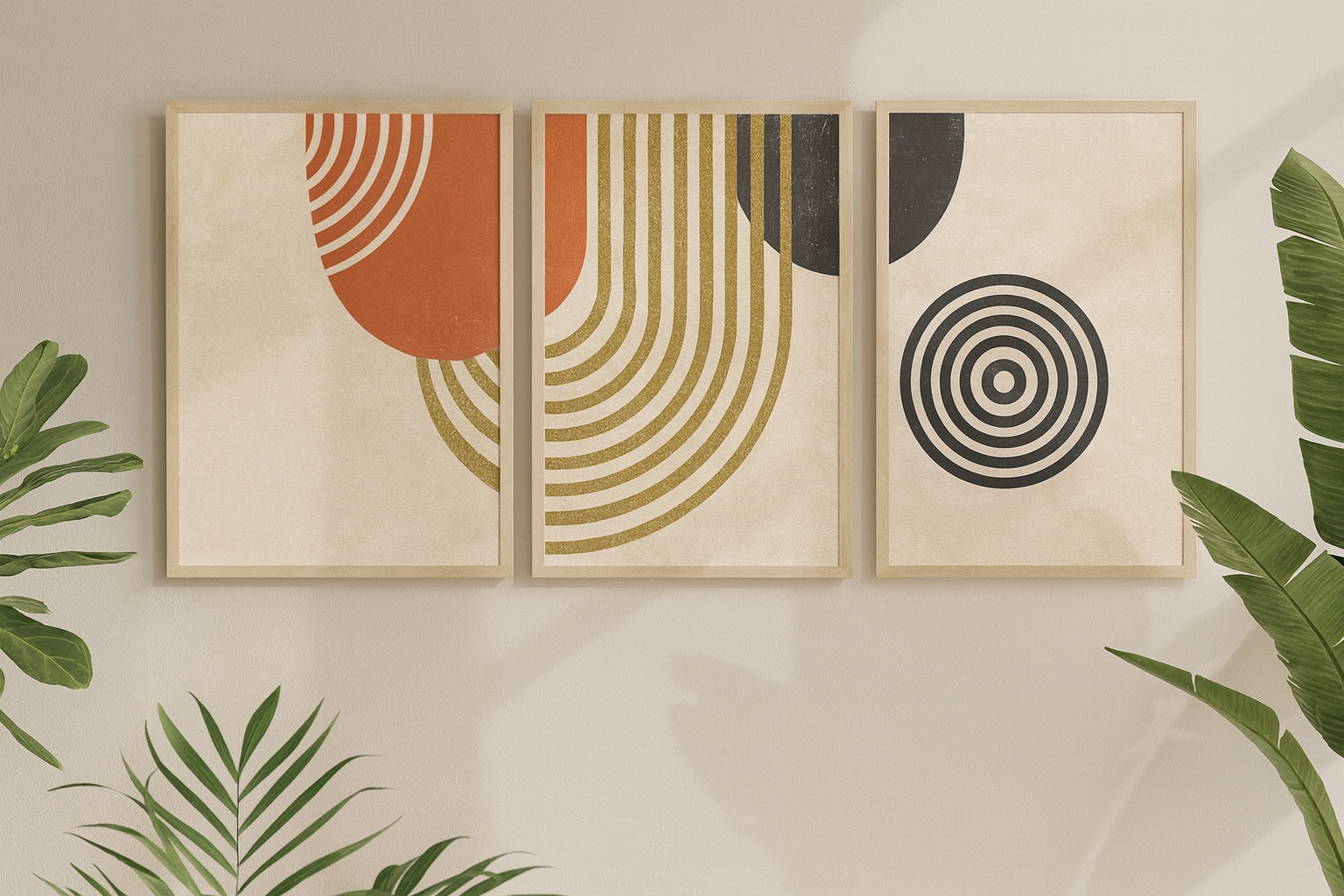 Three abstract art prints with circular patterns on a wall with green leaves.