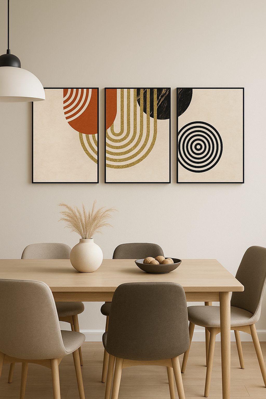 Dining room with a wooden table and chairs, featuring abstract wall art.