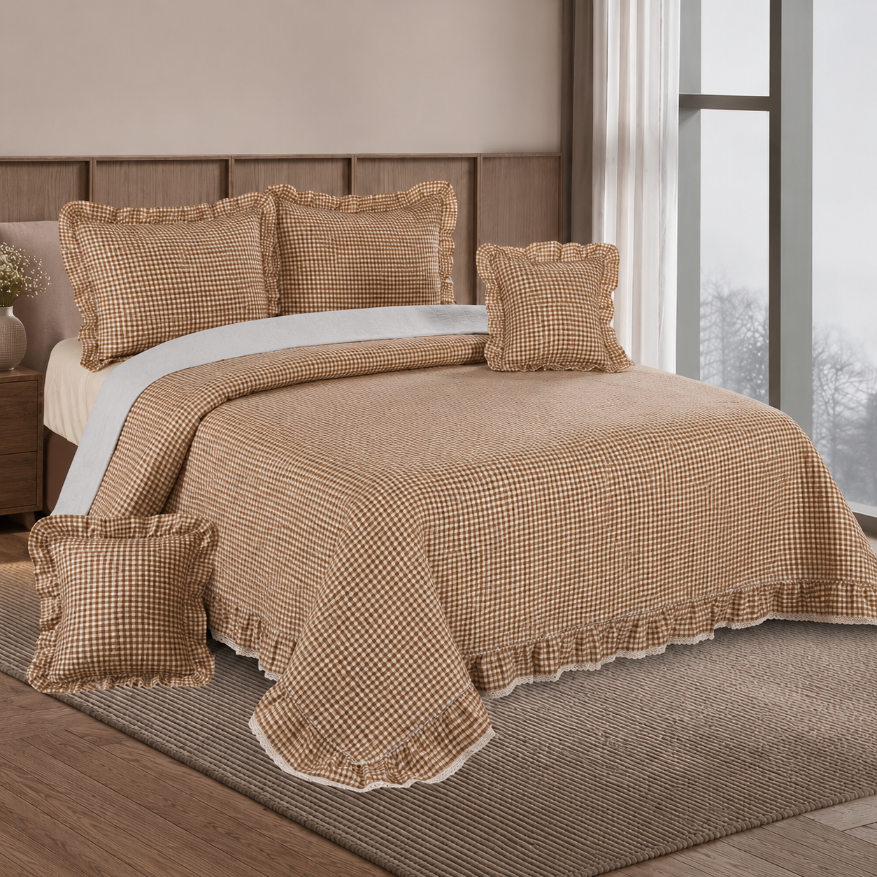 A bed dressed in a beige and brown gingham check quilt set with ruffled edges, including a comforter, matching pillow shams, and two small accent pillows, shown in a softly lit bedroom.