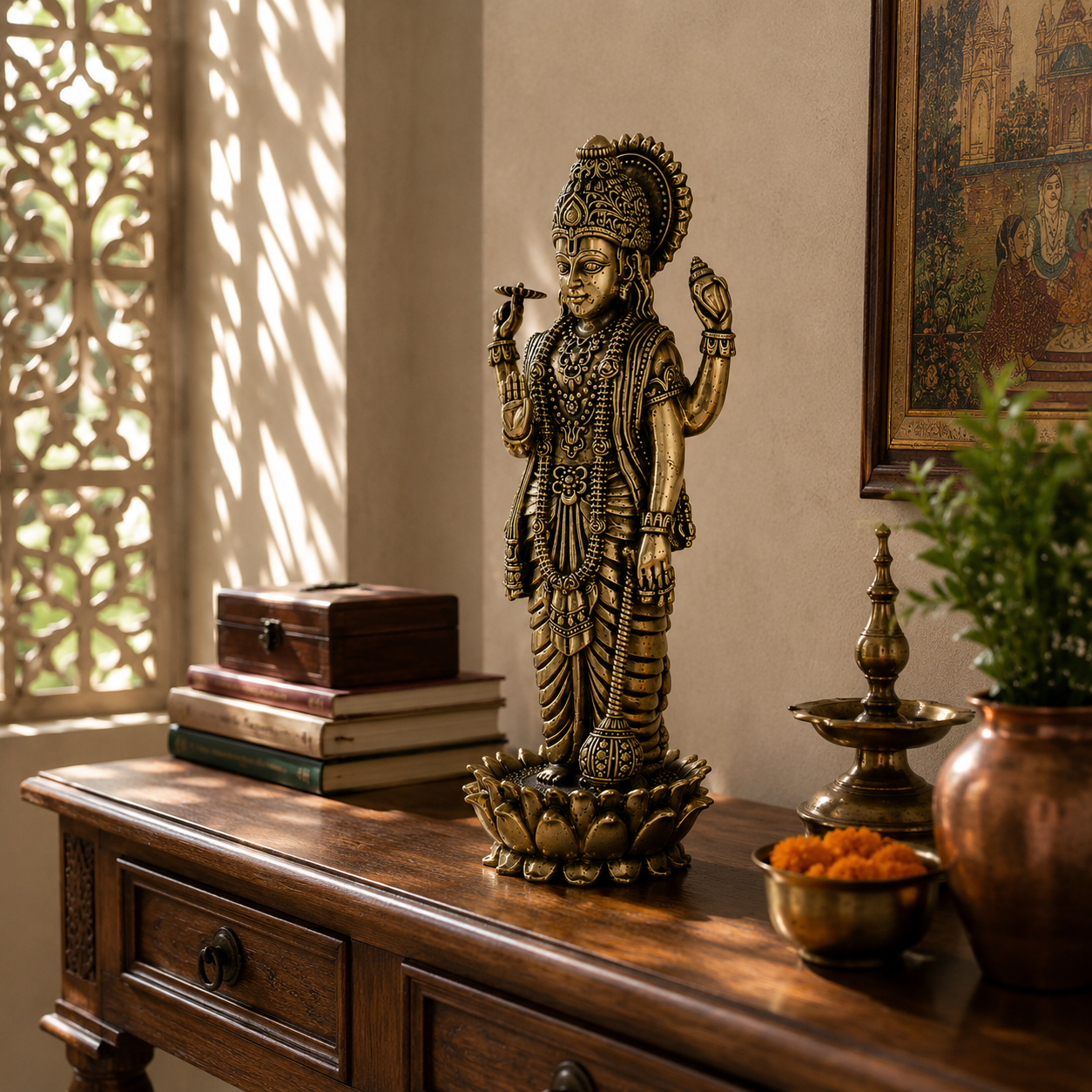 A detailed brass Lord Krishna statue standing on a lotus base, displayed on a wooden console table in a warm, sunlit room with decorative books, a plant, and a copper pot.