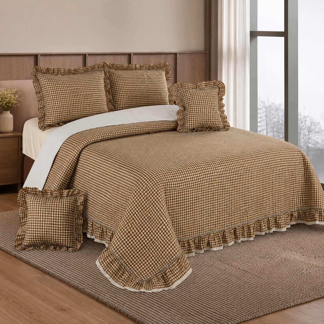 A brown and beige gingham check quilted bedding set with ruffled edges, styled on a bed in a bedroom setting with matching pillows and a textured rug.