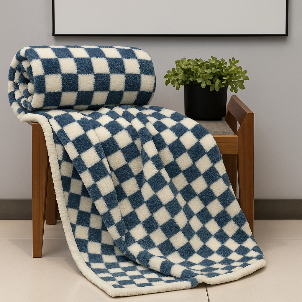 Blue and white checkered blanket on a wooden chair with a plant in the background