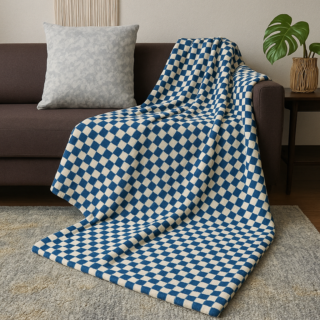 Blue and white checkered blanket draped over a brown sofa in a living room.