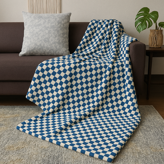 Blue and white checkered blanket draped over a brown sofa in a living room.