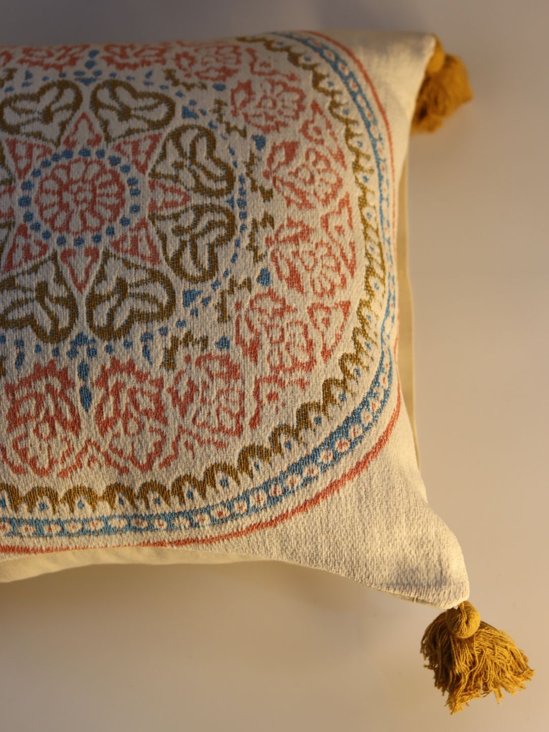 Pure Cotton Multicolor Hanblocked Cushion Cover with Tussels - The Gharnish - A Unit of Satkala Creations