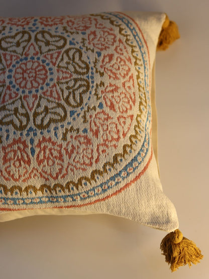 Pure Cotton Multicolor Hanblocked Cushion Cover with Tussels - The Gharnish - A Unit of Satkala Creations