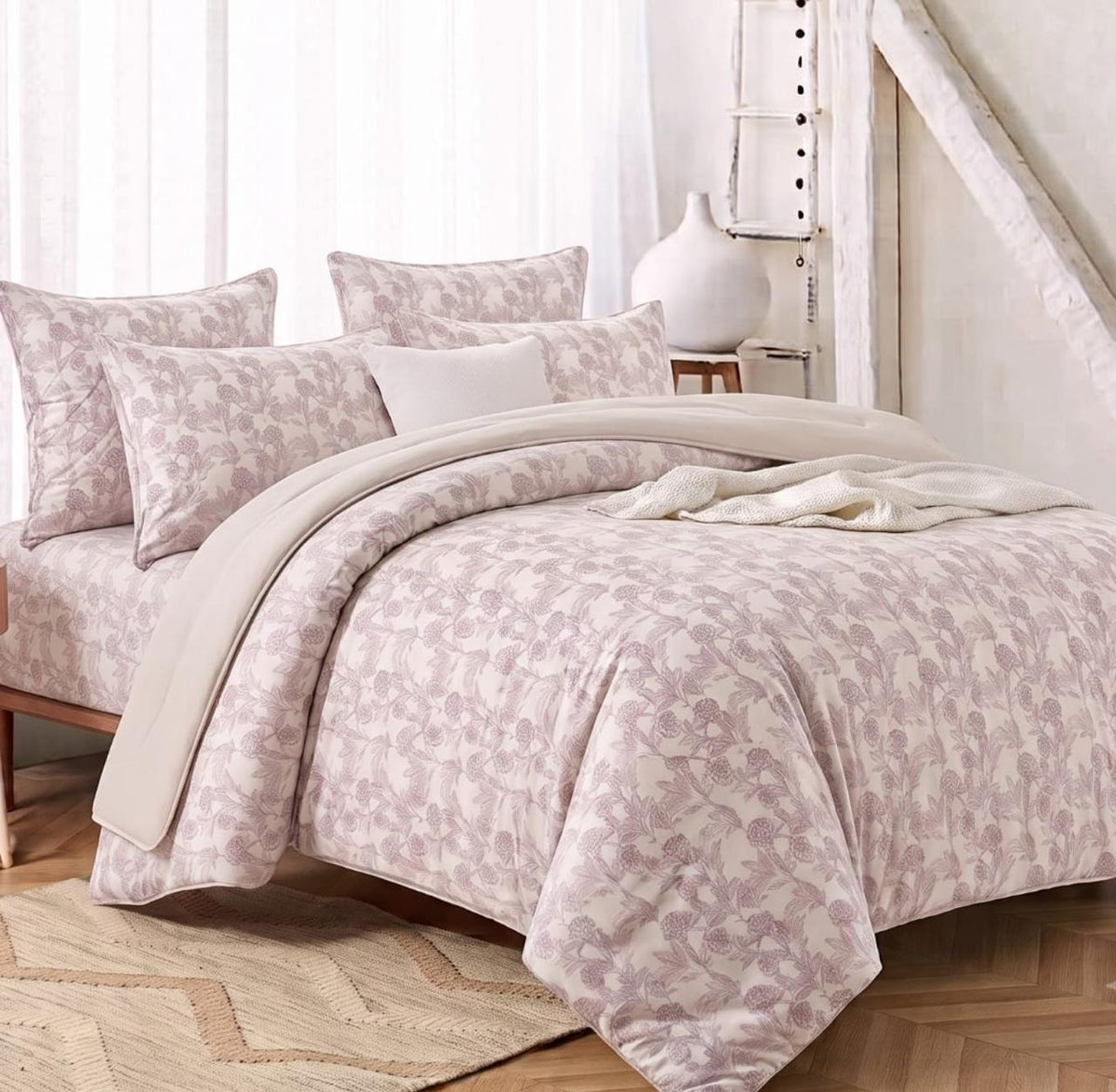 Cream floral patterned reversible comforter set by The Gharnish, king size bedding with elegant floral design.
