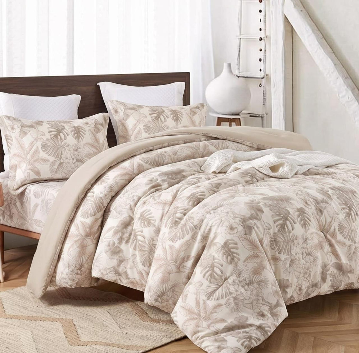 Cream tropical leaf print King size reversible comforter set by The Gharnish, soft and stylish bedding for a cozy bedroom look.