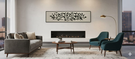 Modern living room with gray sofa, green chairs, and decorative wall art.