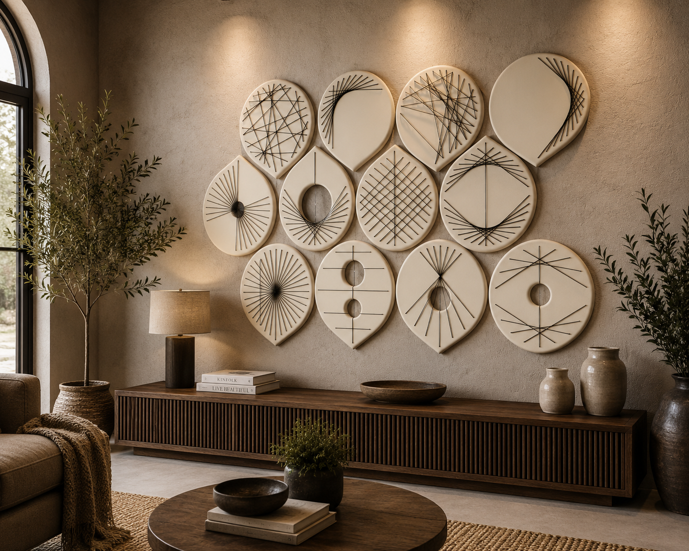 A styled interior scene showing a set of round decorative wall art pieces mounted on a textured beige wall above a long wooden console. The products appear to be the circular wall decor, shown in a real room with plants, lamp, sofa, and table, so this is Lifestyle rather than Product/Packaging.