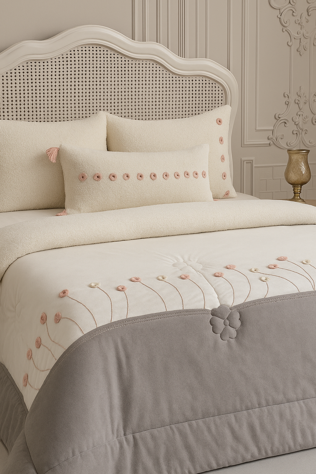 Neatly made bed with embroidered bedding and decorative pillows in a bedroom setting.