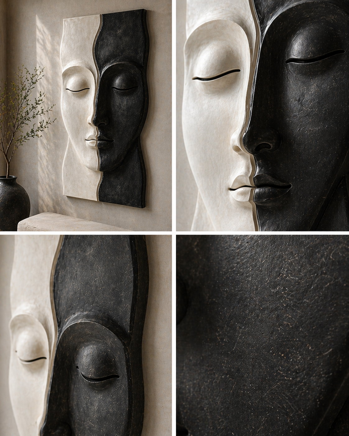 Wooden Serenity Split Face Wall Art by The Gharnish, modern abstract sculpture for living room or entryway decor.