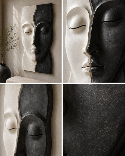Wooden Serenity Split Face Wall Art by The Gharnish, modern abstract sculpture for living room or entryway decor.