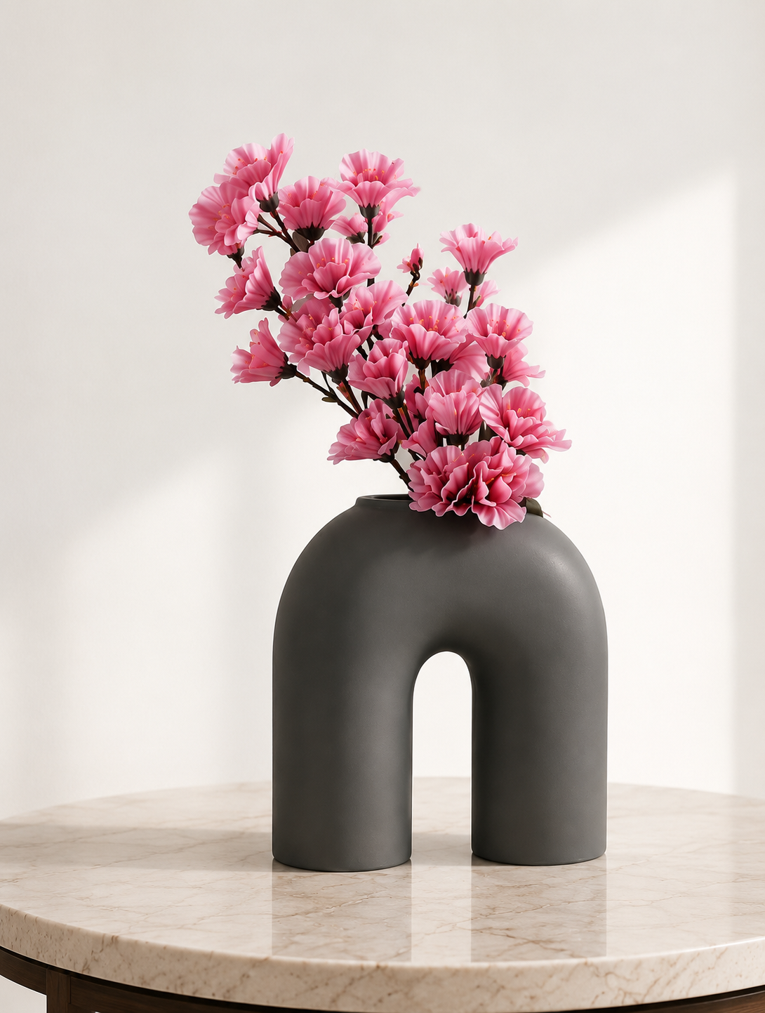 Matte grey arch-shaped flower vase by TheGharnish, minimalist design perfect for modern floral arrangements.