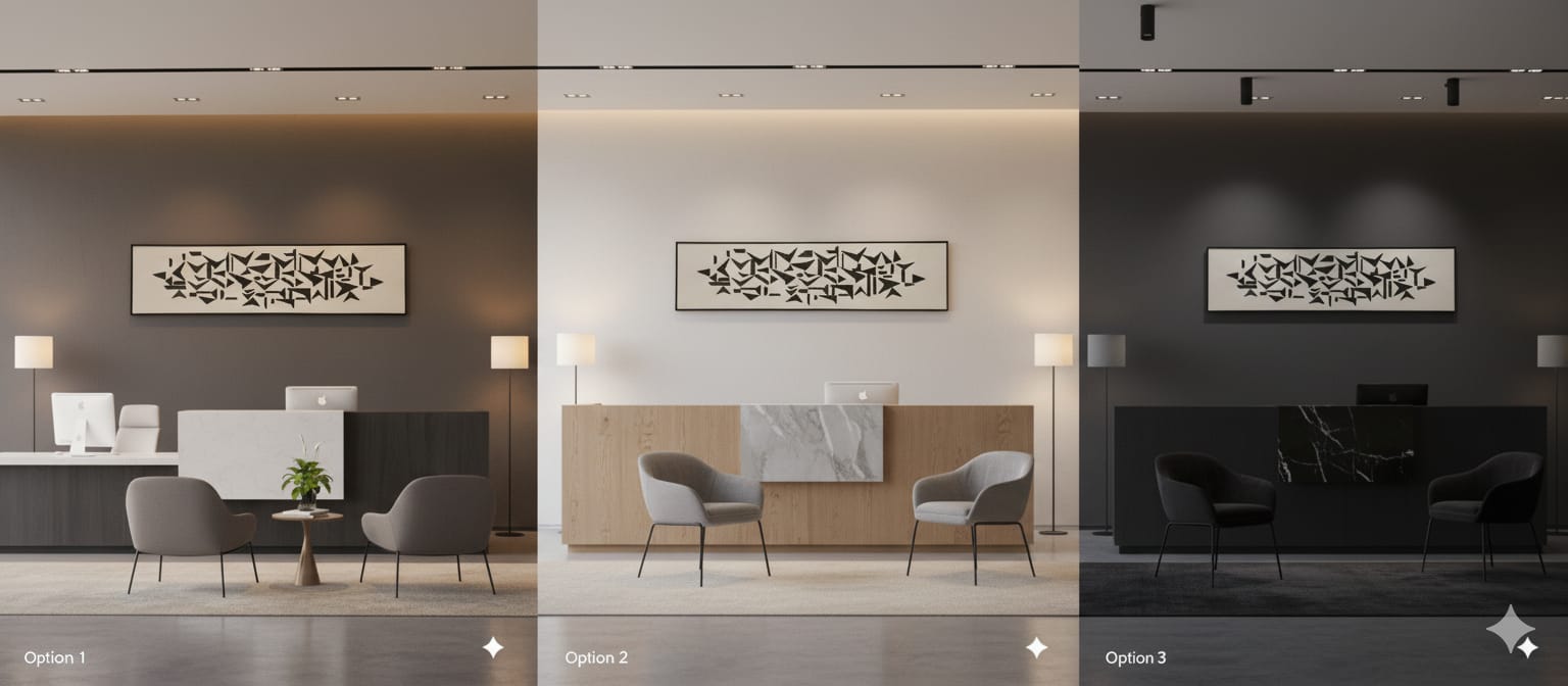 Three different lighting options for a room with furniture and decor.