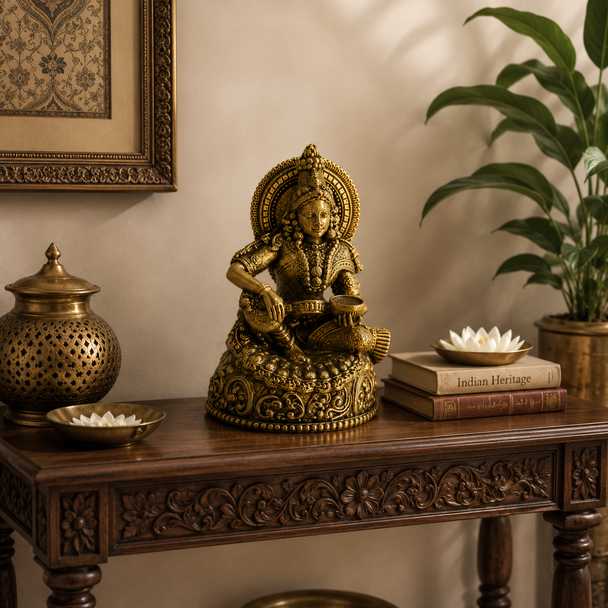 An ornate golden brass Goddess Annapurna statue seated on a carved wooden console table, styled with a brass pot, lotus flowers, and books in a warm, traditional interior setting.