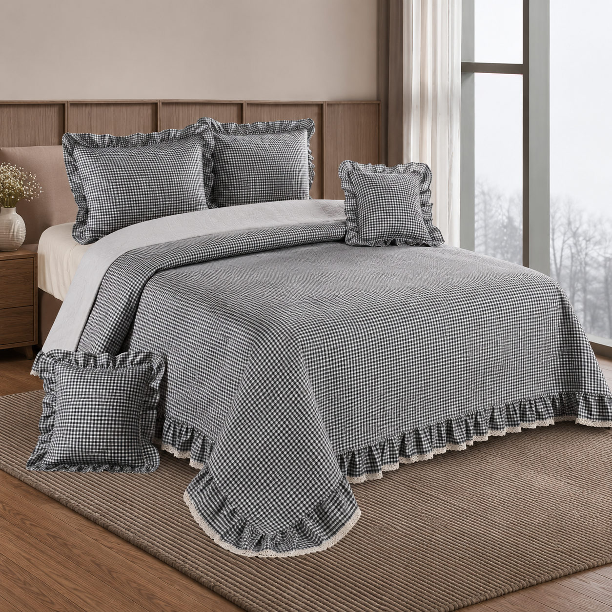 A gray and white gingham quilt set with ruffled edges, shown on a bed in a bedroom setting. The set includes a quilt, matching pillow shams, and two decorative throw pillows.