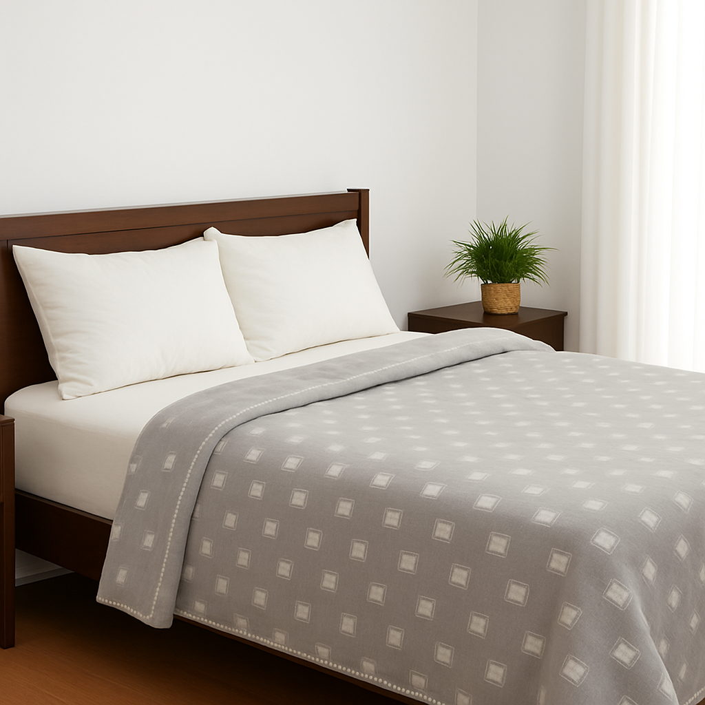 Bed with gray patterned blanket and white pillows in a room with a plant and nightstand.
