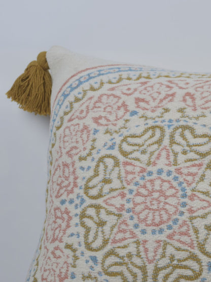 Pure Cotton Multicolor Hanblocked Cushion Cover with Tussels - The Gharnish - A Unit of Satkala Creations