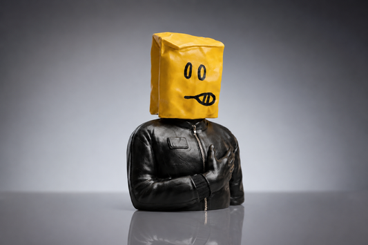Modern abstract human figurine sculpture, The Enigma Bust by The Gharnish, showcasing contemporary street art style.