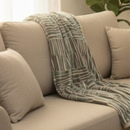 Beige sofa with a plaid blanket draped over it in a living room setting.