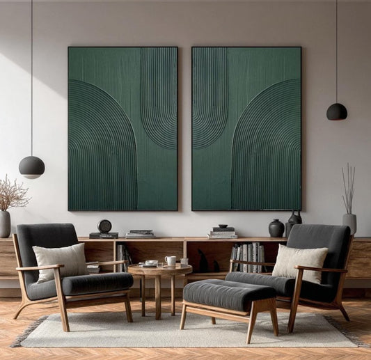 Modern living room with two large green abstract paintings on a wall.