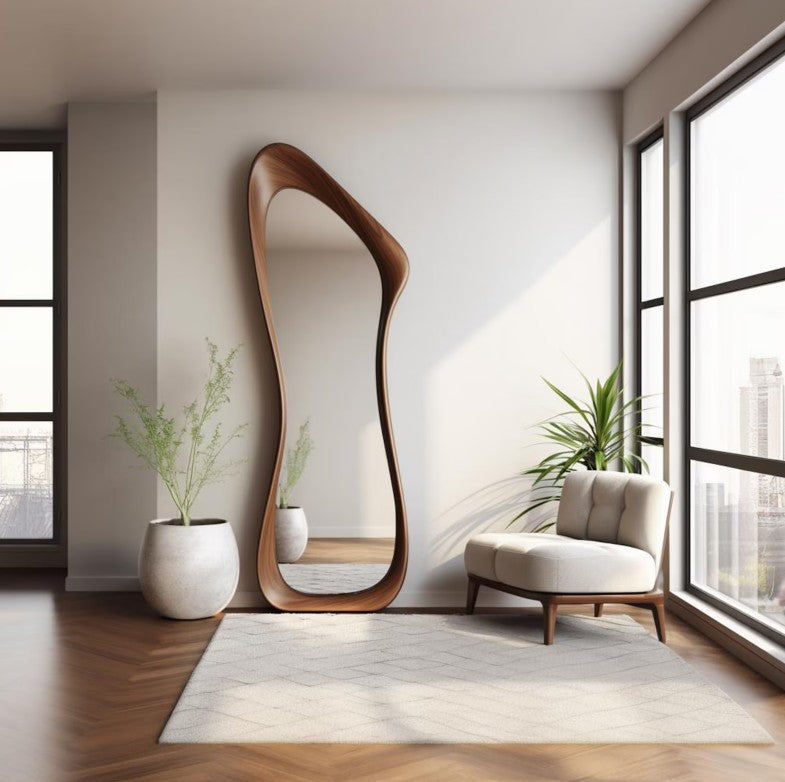 Asymmetrical mirrors not only add a modern touch to the living room, bedroom, dining room, hallway, kitchen and bathroom walls of your home, but also tell a story from nature. Each asymmetrical mirror has a unique design that reflects the unique texture and character of natural wood.