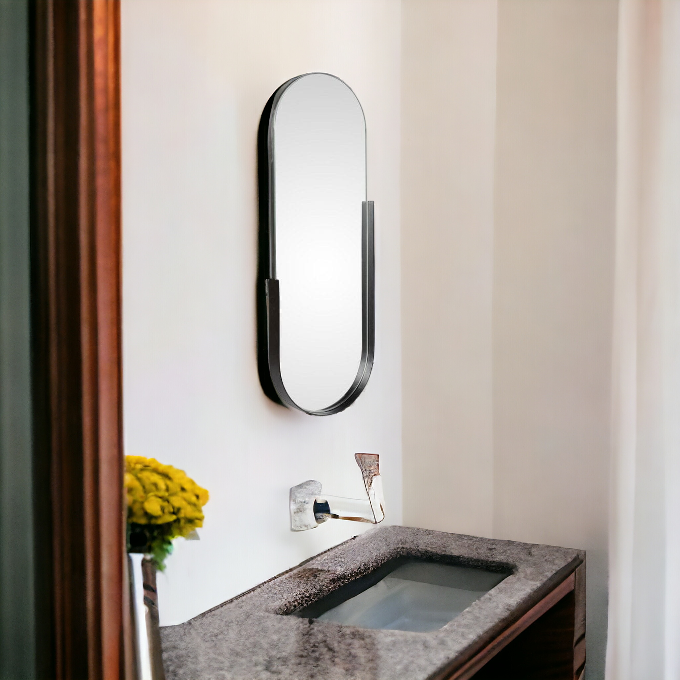 Obsidian Arch Statement Wall Mirror by The Gharnish with a sleek, arched black frame and reflective glass surface.