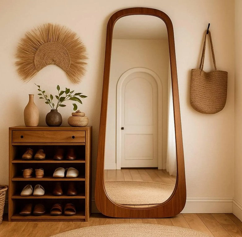 Walnut Layered Floor Mirror, Wooden Mid Century Full Body Mirror, Irregular Wall Mirror, Asymmetric Full Length Mirror - The Gharnish - A Unit of Satkala Creations