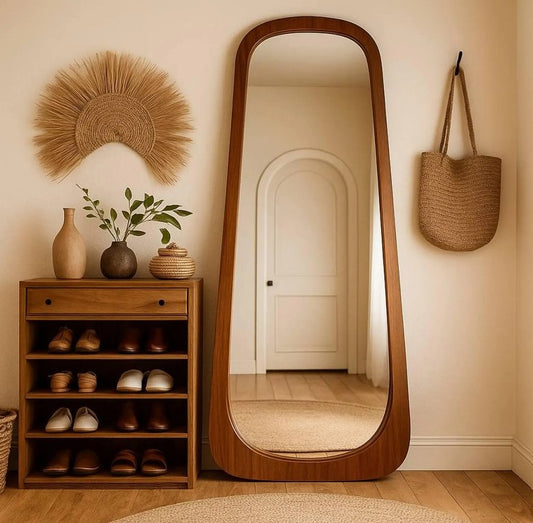 Walnut Layered Floor Mirror, Wooden Mid Century Full Body Mirror, Irregular Wall Mirror, Asymmetric Full Length Mirror - The Gharnish - A Unit of Satkala Creations