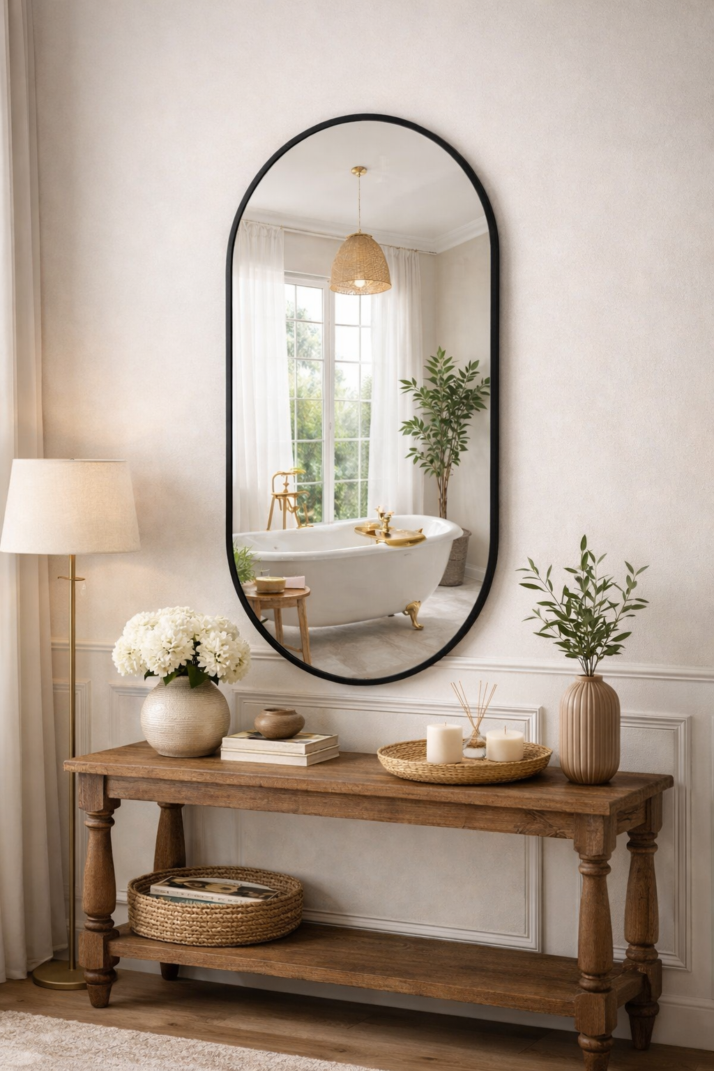 Wooden console table with decorative items in a room with a large oval mirror.