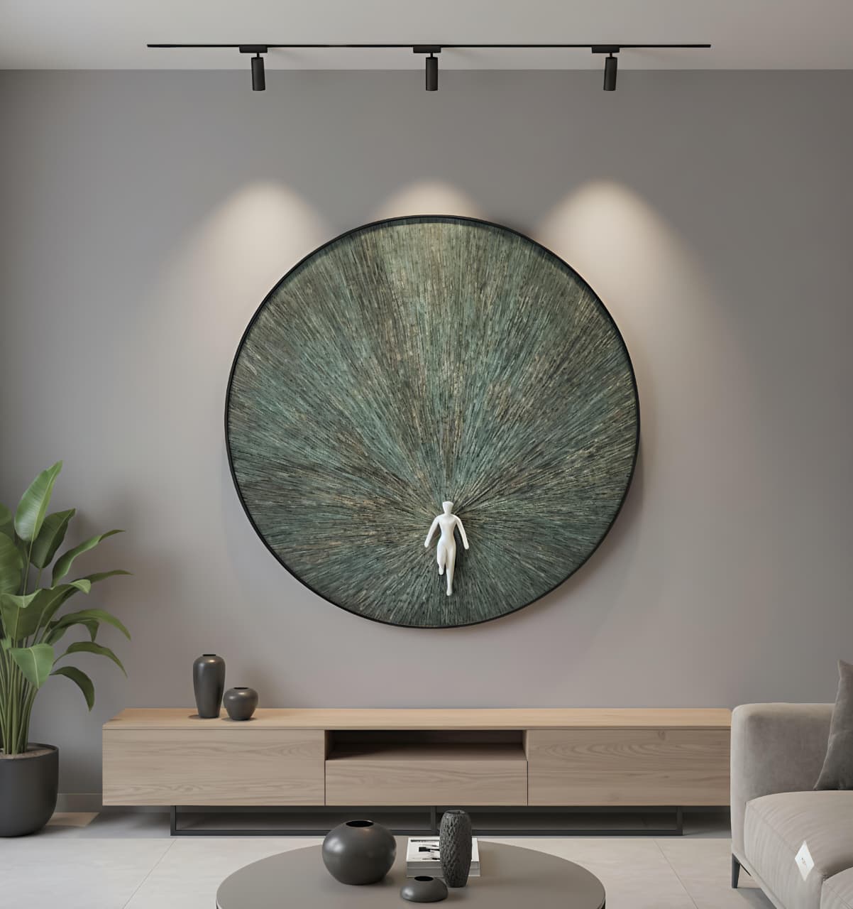 Modern living room with a large circular wall art piece and minimal decor.