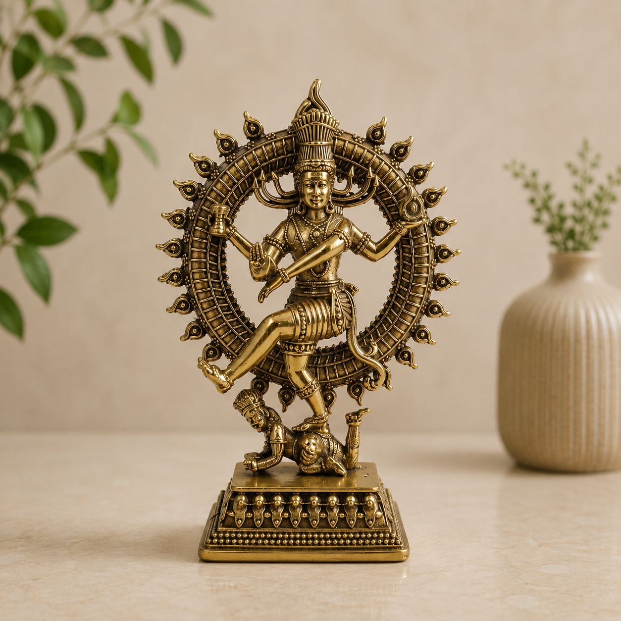 A brass-toned Nataraja statue of Lord Shiva in a circular dance pose, displayed on a light beige surface with a blurred beige vase and green leaves in the background.
