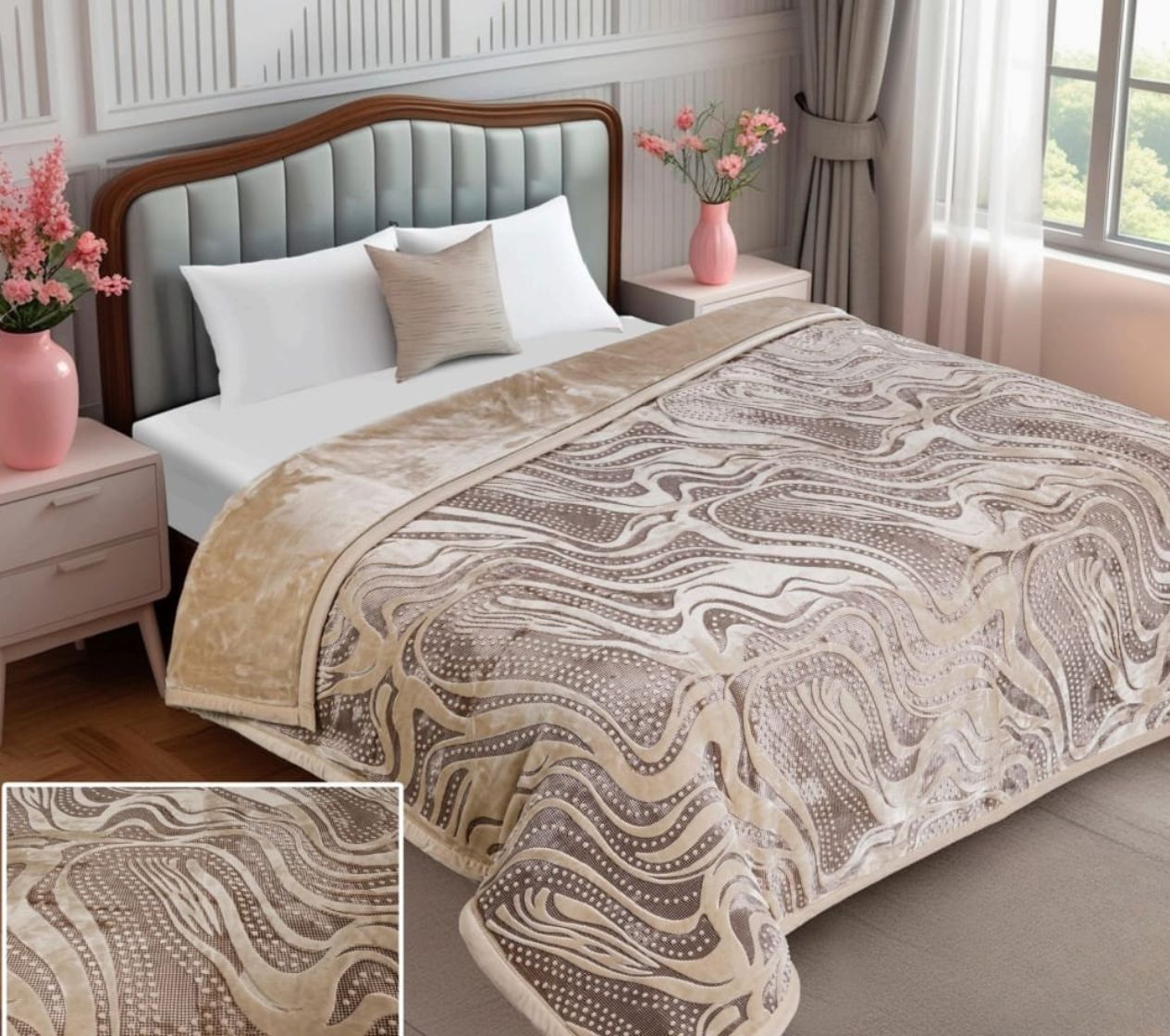 Bed with patterned beige and brown blanket in a bedroom setting