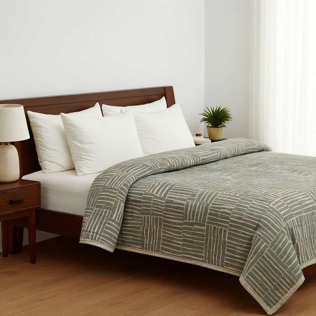 Bed with green patterned comforter and white pillows in a bedroom setting.