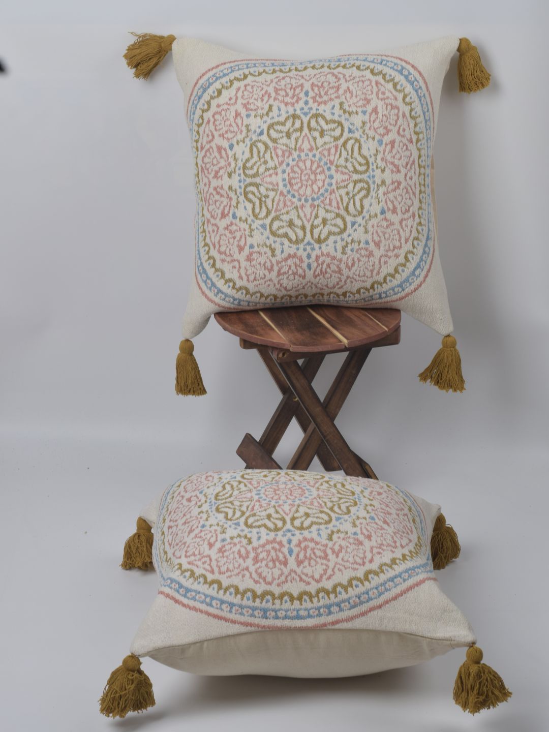 Pure Cotton Multicolor Hanblocked Cushion Cover with Tussels - The Gharnish - A Unit of Satkala Creations