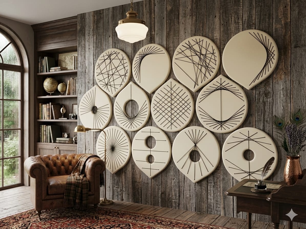A styled interior room with a rustic wood-paneled wall featuring a large arrangement of cream circular and oval wall art pieces with black geometric line designs. A brown leather armchair, shelving, rug, and side table are visible in the room.