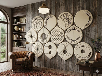 A styled interior room with a rustic wood-paneled wall featuring a large arrangement of cream circular and oval wall art pieces with black geometric line designs. A brown leather armchair, shelving, rug, and side table are visible in the room.