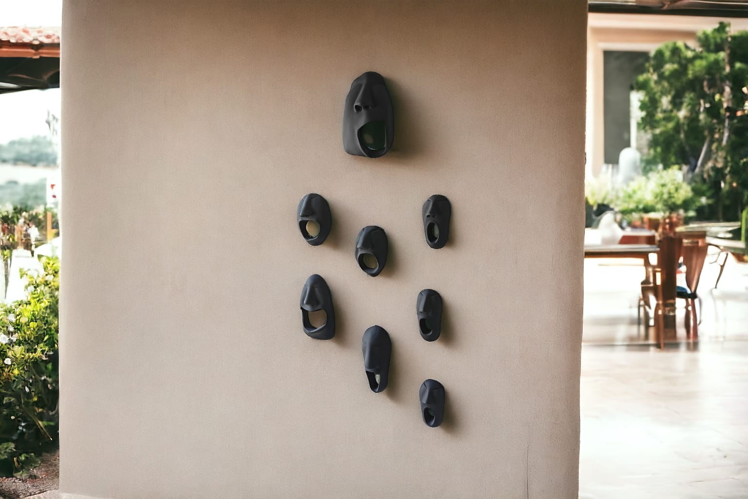 Black wall-mounted sculptures on a beige wall with outdoor setting