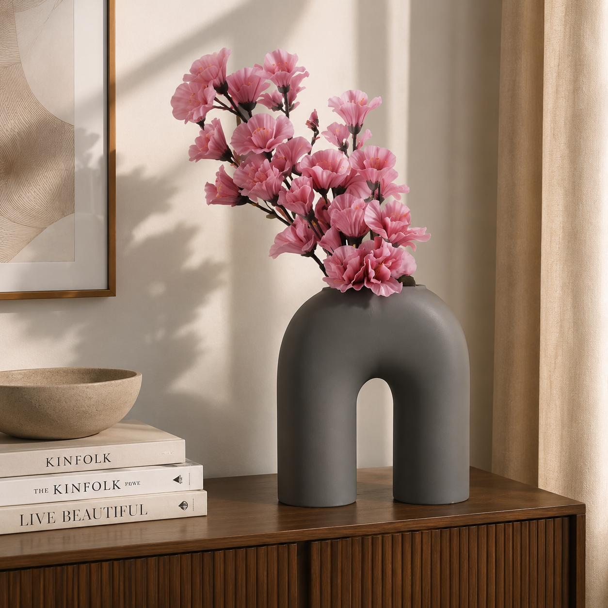 Matte grey arch-shaped ceramic flower vase by TheGharnish, minimalist design, elegant and modern home decor accessory