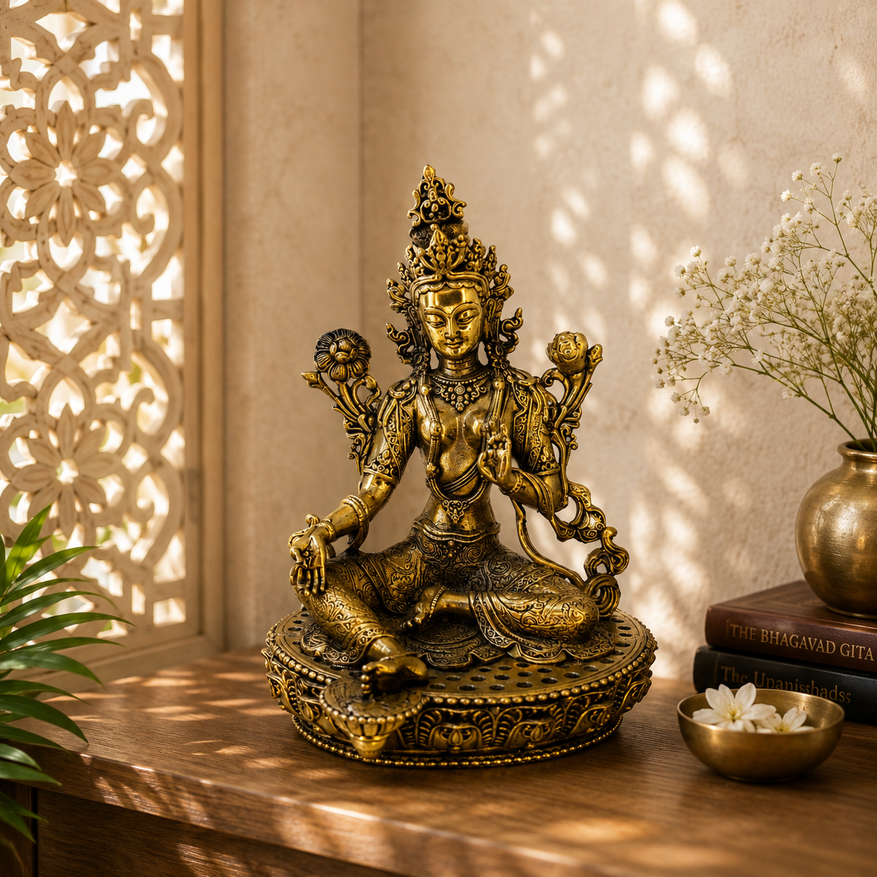 An ornate gold-toned seated deity statue displayed on a wooden surface in a styled interior setting with warm sunlight, a decorative screen, flowers, and books.