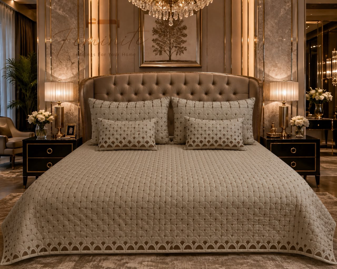 A luxury bedroom scene featuring a bed dressed in a textured beige quilted coverlet with matching patterned pillows, set against a highly ornate background with a tufted headboard, nightstands, lamps, and a chandelier.