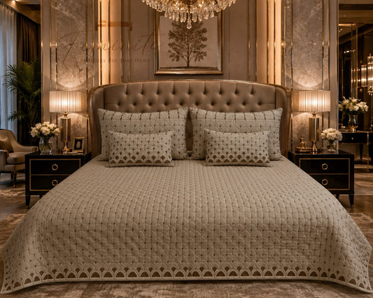 Beige textured quilted bedding set with five pieces from TheGharnish Savoy Luxe collection, showcasing a luxurious bedcover design.