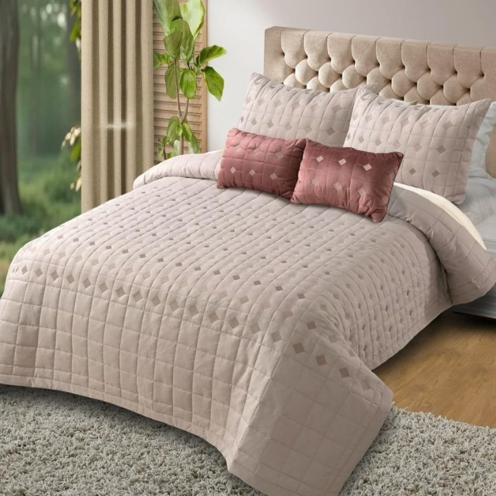 Elegant Persian embroidered quilted bed set by the bedding, 5-piece premium bedding with intricate embroidery and soft fabric.