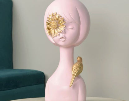 Abstract springtime girl sculpture with sparrow, pink abstract figurine by The Gharnish, showcasing artistic craftsmanship.