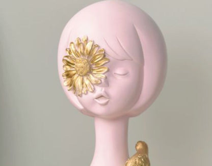 Abstract pink springtime girl sculpture with sparrow, part of The Gharnish abstract figurines collection, showcasing artistic craftsmanship.