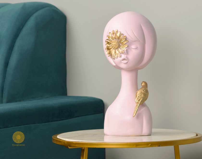 Pink abstract springtime girl sculpture with sparrow figurine by The Gharnish, showcasing artistic design and delicate details.